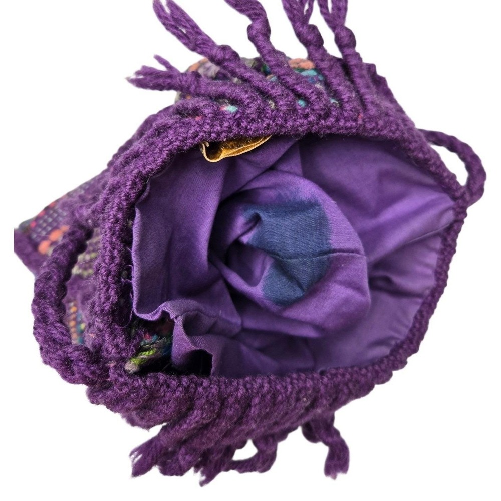 Vintage Hand Woven Purple Yarn Fringe Bag Nellie Burnham Boho Textile Purse 70s - Picture 14 of 14